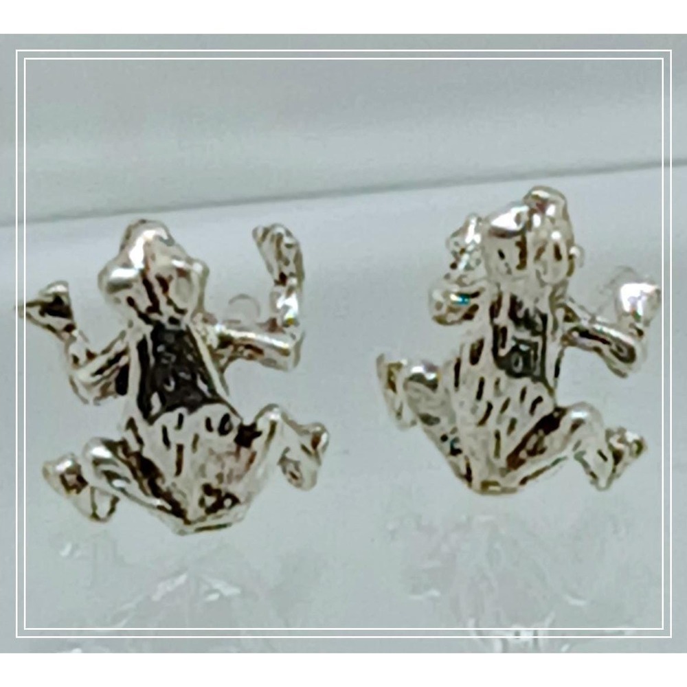Vintage 1990s Silver Frog Stud Earrings 925 Textured‎ Animal Nature Small Studs